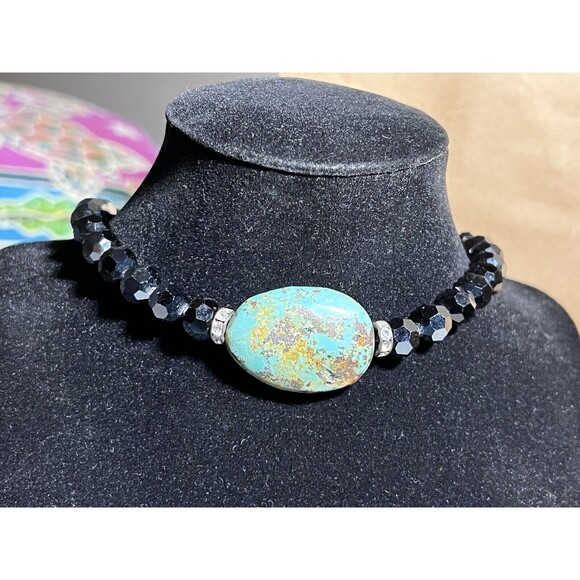 Vintage Rachel Abroms Choker Necklace Black Crystals Turquoise Pendant 14.5” - Picture 2 of 9